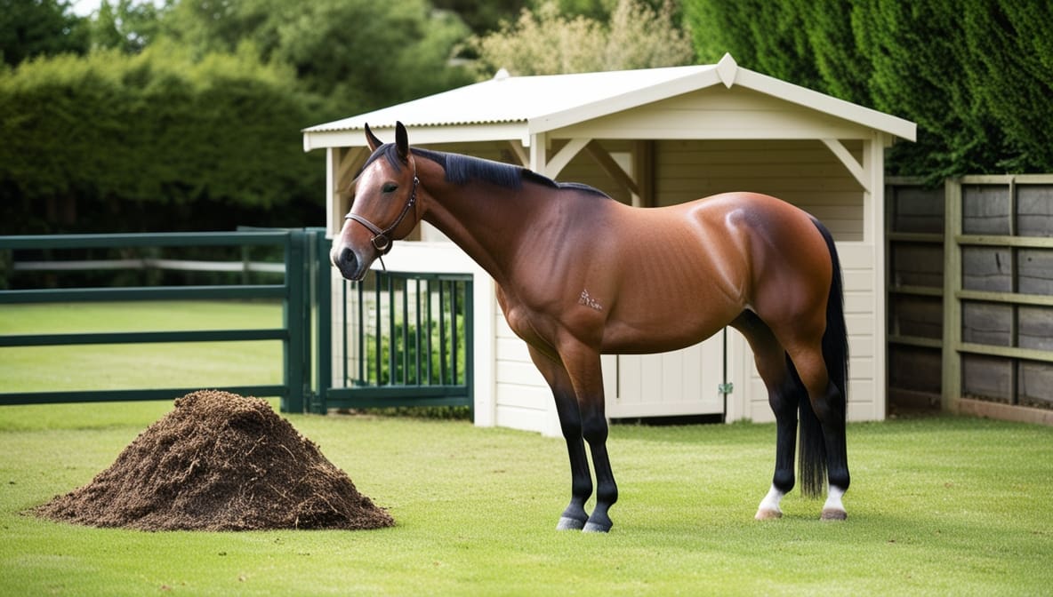 Saddled chestnut horse outdoors Bay horse near shelter